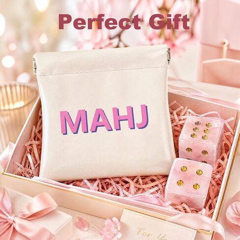 Crystal Mahjong Dice Set (2 Pcs) with Custom MAHJ Logo Dice Bag – PU Squeeze Mini Pouch for Pink Gemstone Dice, Chips & Tiles Storage – American Mahjong, Board Games, Casino Night, Gift for Players in Saudi Arabia