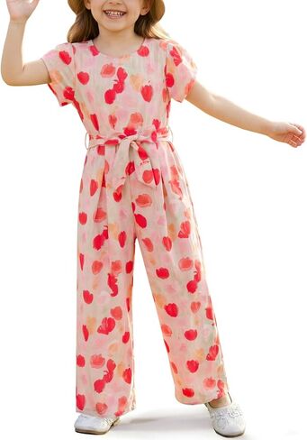 Haloumoning Girls Floral Jumpsuit Kids Fashion Short Sleeve Belted Wide Leg Romper One Piece Outfits with Pockets in Saudi Arabia