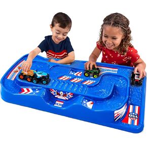 Simplay3 Portable Carry and Go Kids Race Track Toy Car Train Table, 2-Sided No Assembly for Children 3 4 5 6 7 Years Old Boys Girls, Made in USA, Red White & Blue in Saudi Arabia