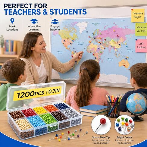 1200 PCS Multi Color Push Pins, 1/4 Inch Small Map Tacks with Plastic Round Heads, Travel Map Pins for Cork Board, Bulletin Board, World Map, Office, Craft & Fabric Marking in Saudi Arabia