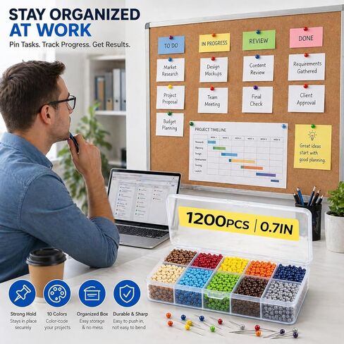 1200 PCS Multi Color Push Pins, 1/4 Inch Small Map Tacks with Plastic Round Heads, Travel Map Pins for Cork Board, Bulletin Board, World Map, Office, Craft & Fabric Marking in Saudi Arabia
