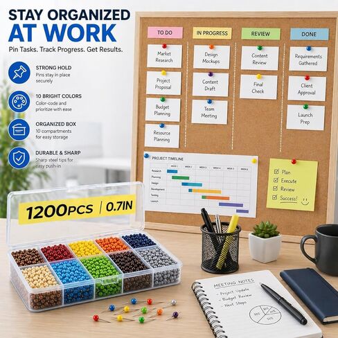 1200 PCS Multi Color Push Pins, 1/4 Inch Small Map Tacks with Plastic Round Heads, Travel Map Pins for Cork Board, Bulletin Board, World Map, Office, Craft & Fabric Marking in Saudi Arabia