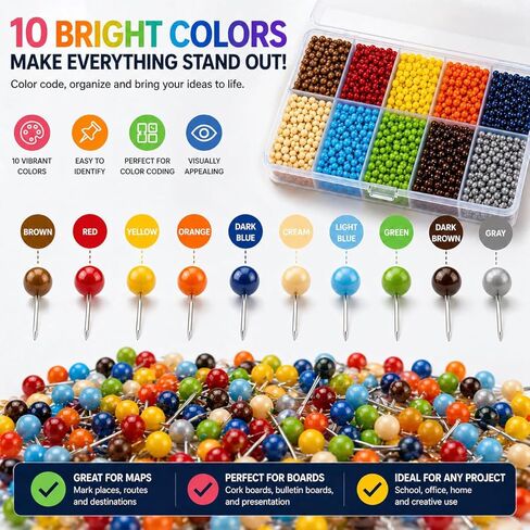 1200 PCS Multi Color Push Pins, 1/4 Inch Small Map Tacks with Plastic Round Heads, Travel Map Pins for Cork Board, Bulletin Board, World Map, Office, Craft & Fabric Marking in Saudi Arabia