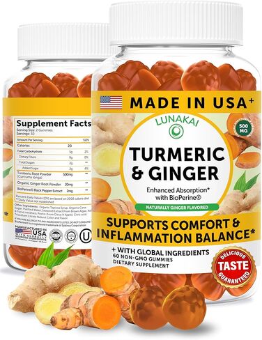 Lunakai USA Made Turmeric Gummies with Ginger & BioPerine – High Absorption Turmeric and Ginger Supplement for Inflammation, Joint & Immune Support, 60ct in Saudi Arabia