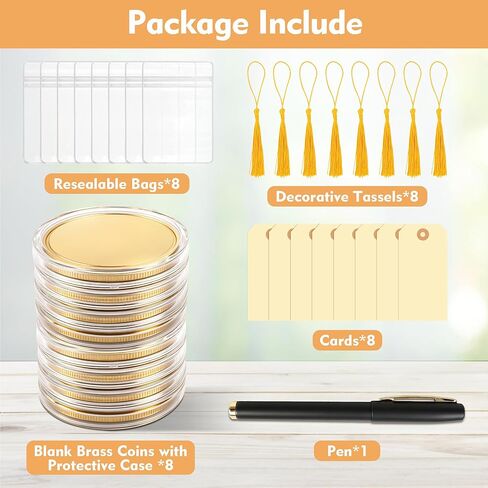8Pcs 40mm Blank Brass Coins for Laser Engraving, Solid Blank Challenge Coin Set with with Acrylic Protection Box, Resealable Bag, Card, Tassel and Pen for DIY, Customization Gift & Memorial in Saudi Arabia