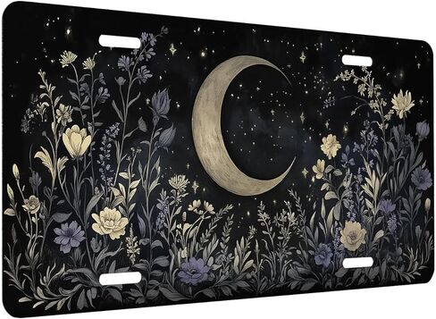 Boho Celestial Front License Plate for Men Mystic Moon Wildflower Night Garden Car Vanity Plates Decorative Aluminum Metal Cute Novelty License Plate for Women 6x12 Inch (4 Holes) in Saudi Arabia