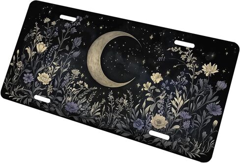 Boho Celestial Front License Plate for Men Mystic Moon Wildflower Night Garden Car Vanity Plates Decorative Aluminum Metal Cute Novelty License Plate for Women 6x12 Inch (4 Holes) in Saudi Arabia