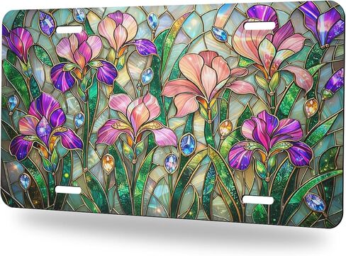 Stained Glass Flower Front License Plate Iris Color Mosaic Vintage Aesthetic Art Car Decorative License Plates Aluminum Metal Accessory Novelty Vanity Tag Cover with 4 Holes for Men Women 6" X 12" in Saudi Arabia