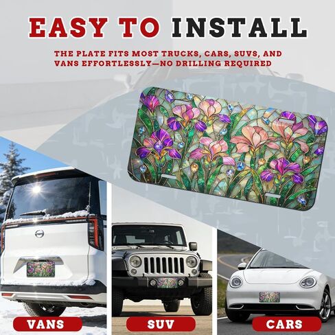 Stained Glass Flower Front License Plate Iris Color Mosaic Vintage Aesthetic Art Car Decorative License Plates Aluminum Metal Accessory Novelty Vanity Tag Cover with 4 Holes for Men Women 6" X 12" in Saudi Arabia