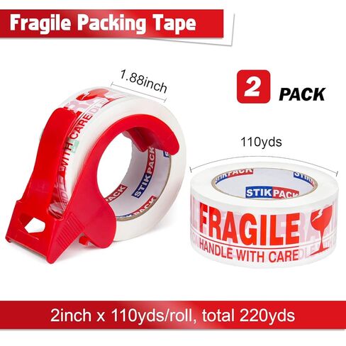 Fragile Tape with Dispenser 2 Inch x 330 Feet (110 Yards) 2 Rolls, Total 220 Yards, Heavy Duty Fragiles Handle with Care Tape for Shipping, Sealing and Moving Box in Saudi Arabia