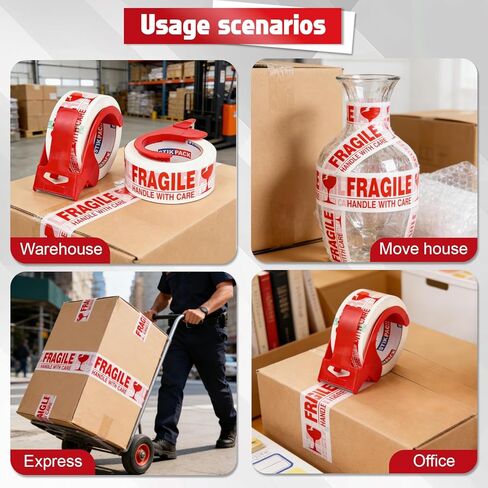 Fragile Tape with Dispenser 2 Inch x 330 Feet (110 Yards) 2 Rolls, Total 220 Yards, Heavy Duty Fragiles Handle with Care Tape for Shipping, Sealing and Moving Box in Saudi Arabia