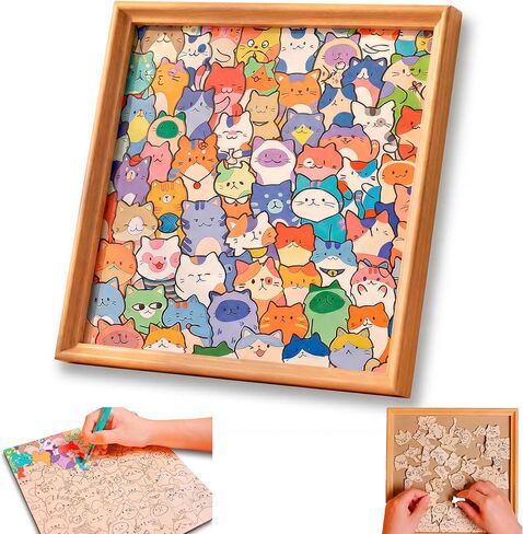 DIY Wooden Cat Puzzle Frame, 75 Colorable Puzzle Pieces, Comes with 12 Coloring Pens, Creative Art Craft Set, Suitable for Adults, Unique Handmade Gift for Cat Lovers, Home Decor in Saudi Arabia