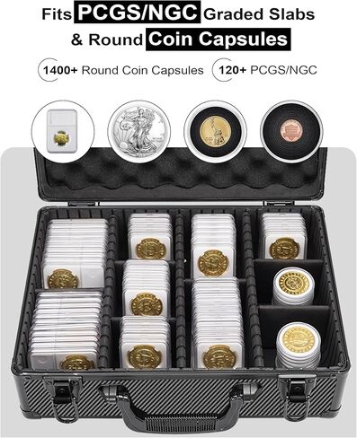 صندوق تخزين العملات المعدنية من ألياف الكربون وحقيبة العملات المعدنية من LOCKCURX - يحمل 120 لوحًا متدرجًا من نوع NGC/PCGS أو 1400 كبسولة عملات معدنية، وقفل مفتاح مزدوج مع 6 فواصل قابلة للإزالة، وتخزين عملات فضية قابلة للتخصيص لهواة الجمع in Kuwait