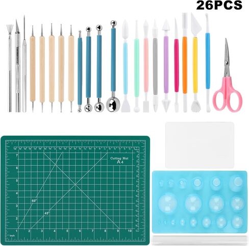 26pcs Polymer Clay Tools Set, Sculpting Tools with Acrylic Rolling Pin, Dotting Tool, Detail Needle & Cutting Tool, Complete DIY Clay Kit for Jewelry Earring Pottery Crafts in Saudi Arabia