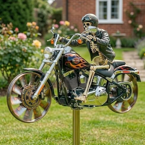 Flame Skull Motorcycle Wind Spinner, Rotating Wheels Windmill Stake with Metallic Paint, Weather Resistant Resin Garden Sculpture, Unique Outdoor Decor Ornament Gift for Biker Lovers and Halloween in Saudi Arabia