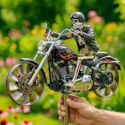 Flame Skull Motorcycle Wind Spinner, Rotating Wheels Windmill Stake with Metallic Paint, Weather Resistant Resin Garden Sculpture, Unique Outdoor Decor Ornament Gift for Biker Lovers and Halloween in Saudi Arabia