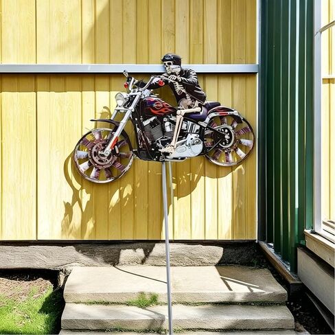 Flame Skull Motorcycle Wind Spinner, Rotating Wheels Windmill Stake with Metallic Paint, Weather Resistant Resin Garden Sculpture, Unique Outdoor Decor Ornament Gift for Biker Lovers and Halloween in Saudi Arabia