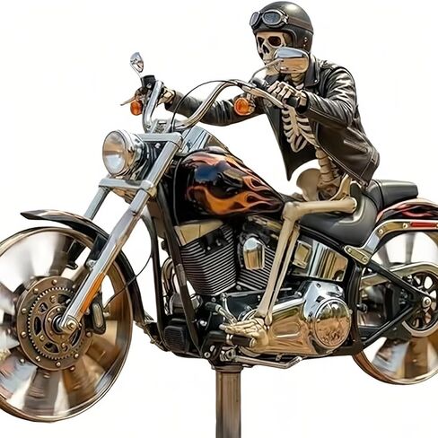 Flame Skull Motorcycle Wind Spinner, Rotating Wheels Windmill Stake with Metallic Paint, Weather Resistant Resin Garden Sculpture, Unique Outdoor Decor Ornament Gift for Biker Lovers and Halloween in Saudi Arabia