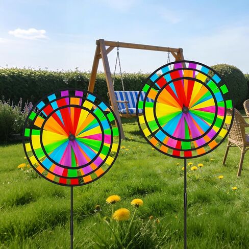 Rainbow Wind Spinners Craft, 2PCS Colorful Whirligigs Wind Spinners, 3-Layer Large Sized Windmill Decorations, DIY 13.8inch Pinwheel Garden Lawn Courtyard in Saudi Arabia
