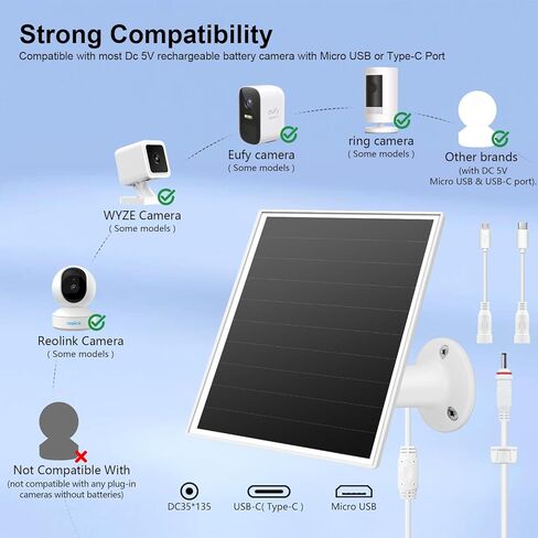 شاحن لوحة شمسية 6 واط لكاميرات المراقبة الخارجية. Micro USB/USB - C/DC (35 * 135) يناسب كاميرا Eufy/Wyze/Ring، كابل 9.8 قدم، نظام تثبيت مقاوم للماء لحماية البطارية وشحن سريع in Kuwait