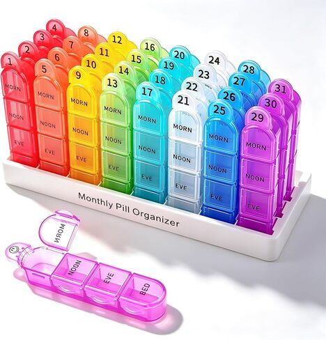Cruxer Monthly Pill Box Organiser 3 Times a Day, Daily Travel Pill Boxes, Medicine Storage Box, Pill Dispenser 1 Month 32 Compartments, Tablet Organiser to Hold Vitamins, Fish Oil, Supplements in Saudi Arabia