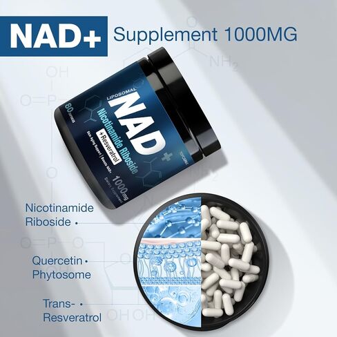 مكمل NAD+ 1000 مجم - نيكوتيناميد ريبوسيد (NR) وريسفيراترول، ليبوسومال NAD من مكونات عضوية نقية للنساء والرجال في مرحلة الشيخوخة الصحية، طاقة الدماغ والخلوية، 80 كبسولة in Kuwait