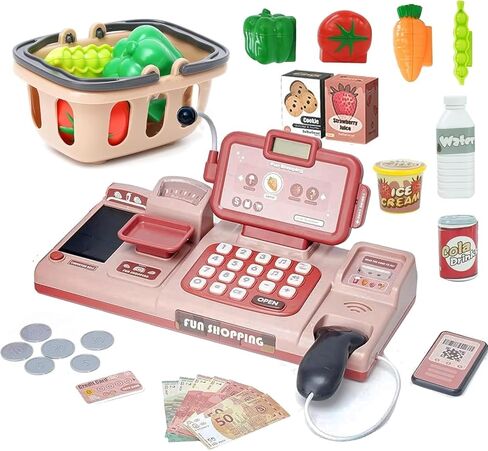 Kids Cash Register Toy Pretend Play Store Toy Set Classic Count Toy with Sound, Scanner Food Shopping Basket Pretend Credit Card for Boys Girls 3 4 5 6 7 8 Years in Saudi Arabia
