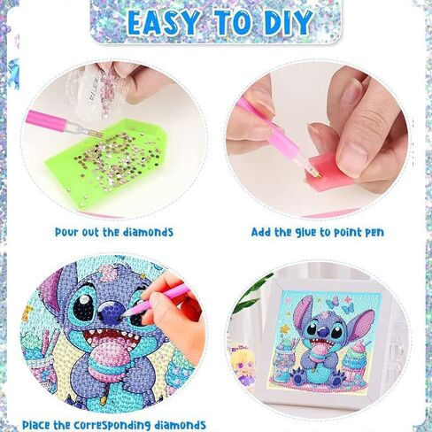 LWZAYS 4 Pack 5D Cartoon Diamond Painting Kits for Kids Beginners, Diamond Art Kit for Kids Ages 8-12, Mosaic DIY Full Round Drill Big Gem Art for Kid, Home Wall Decoration 6X6 inch (with Gift Box) in Saudi Arabia