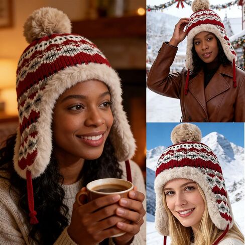 Women Winter Thick Thermal Earflap Trapper Cap Snowflake Cold Weather Knit Hat w/Pom Fleece Lined in Saudi Arabia