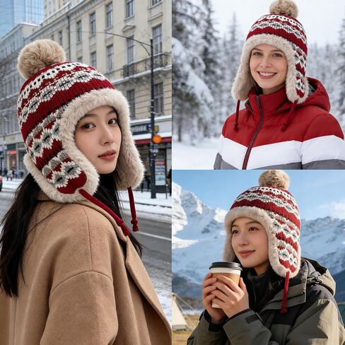 Women Winter Thick Thermal Earflap Trapper Cap Snowflake Cold Weather Knit Hat w/Pom Fleece Lined in Saudi Arabia