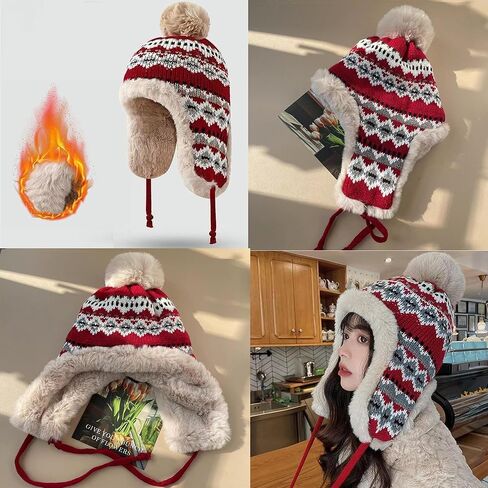 Women Winter Thick Thermal Earflap Trapper Cap Snowflake Cold Weather Knit Hat w/Pom Fleece Lined in Saudi Arabia