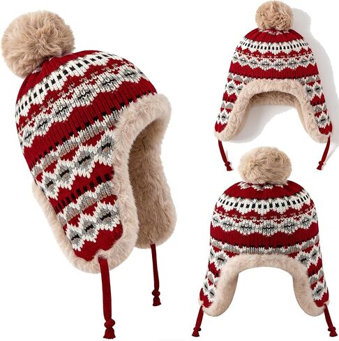 Women Winter Thick Thermal Earflap Trapper Cap Snowflake Cold Weather Knit Hat w/Pom Fleece Lined in Saudi Arabia