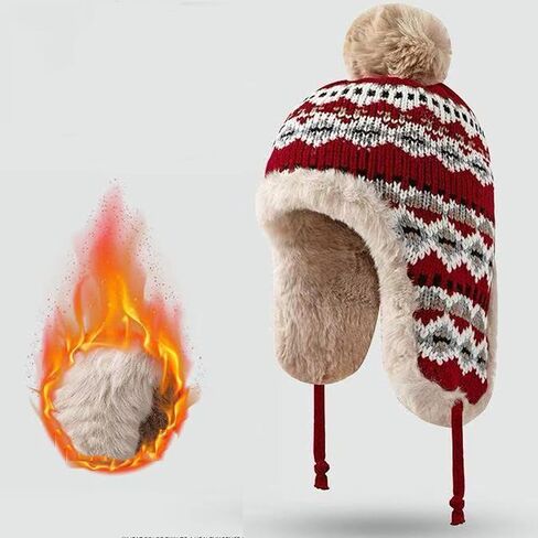 Women Winter Thick Thermal Earflap Trapper Cap Snowflake Cold Weather Knit Hat w/Pom Fleece Lined in Saudi Arabia