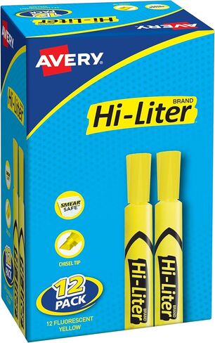 أقلام تحديد على شكل مكتب من AVERY Hi-Liter، حبر آمن للتلطيخ، طرف إزميل، 12 قلم تمييز أصفر (98035) in Saudi Arabia