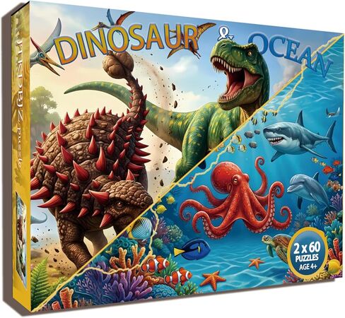 Puzzle for Kids Ages 4-6 – 2x60 Piece Jigsaw Puzzles for Toddlers 3-5,6-8,Dinosaur & Ocean Scenes,2 in 1 Pack Educational Dinosaur & Ocean Games for Boys & Girls in Saudi Arabia