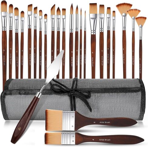25pcs Paint Brush Set, Acrylic Paint Brushes, Professional Paintbrushes with Paints Spatula and Cloth Roll, Oil Paints Brushes for Acrylic Painting, Watercolor, Oil, Gouache(Wood) in Saudi Arabia