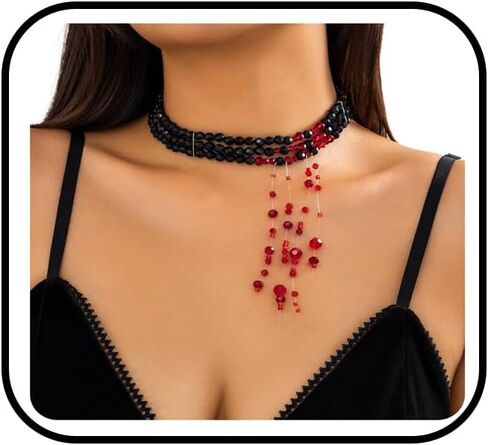 Gothic Blood Drop Fringe Necklace,Vintage Crystal Blooddrip Choker Punk Style Multi-layered Pearl Beaded Necklace Goth Vampire Necklace Halloween Jewelry Decorations in Saudi Arabia