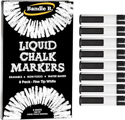 Bandle B. Chalk Markers - 8 White Fine Tip, Erasable, Non-Toxic, Water-Based, Crisp White For Kids and Grown-Ups for Glass or Chalkboard Markers for Businesses, Restaurants, Liquid Chalk Markers (1mm) in Saudi Arabia