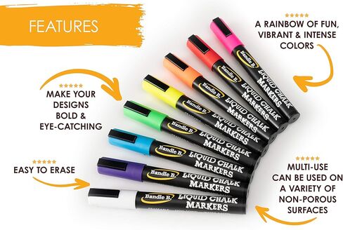 Bandle B. Chalk Markers - 8 White Fine Tip, Erasable, Non-Toxic, Water-Based, Crisp White For Kids and Grown-Ups for Glass or Chalkboard Markers for Businesses, Restaurants, Liquid Chalk Markers (1mm) in Saudi Arabia