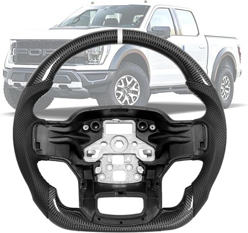 Full Leather Steering Wheel for F150 Raptor 2021-2025, D-shaped Flat-bottom Nappa Perforated Leather with Red Positioning Line (With Paddle Shifter Holes With Heating) in Saudi Arabia