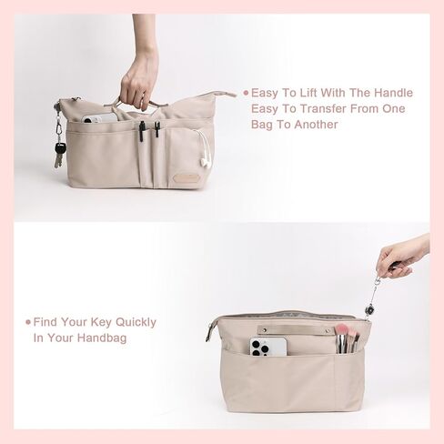 Purse Organizer Insert for Longchamp Le Pliage Large, Tote Bag Dividers for Inside Purse with Zipper and 15 Pockets, Purse Liners for Women Handbag, and More (Beige, L) in Saudi Arabia