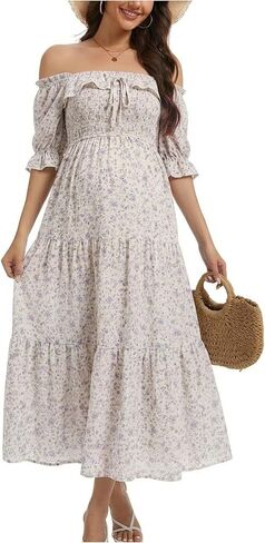 Half Sleeve Maternity Maxi Dress, Off-Shoulder Ruffled Elegant Flowy Baby Shower Photoshoot Dresses in Saudi Arabia