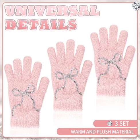 Faux Mink Gloves for Women Pink Winter Warm Bow Fuzzy Fluffy Full Finger Gloves Rhinestone Mittens in Saudi Arabia