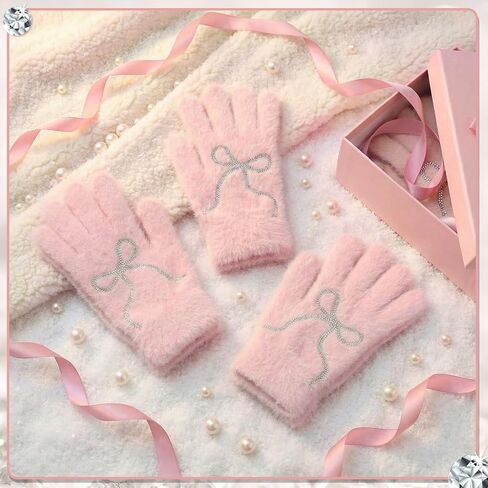 Faux Mink Gloves for Women Pink Winter Warm Bow Fuzzy Fluffy Full Finger Gloves Rhinestone Mittens in Saudi Arabia