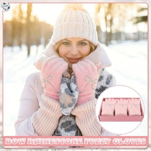 Faux Mink Gloves for Women Pink Winter Warm Bow Fuzzy Fluffy Full Finger Gloves Rhinestone Mittens in Saudi Arabia