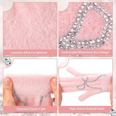 Faux Mink Gloves for Women Pink Winter Warm Bow Fuzzy Fluffy Full Finger Gloves Rhinestone Mittens in Saudi Arabia