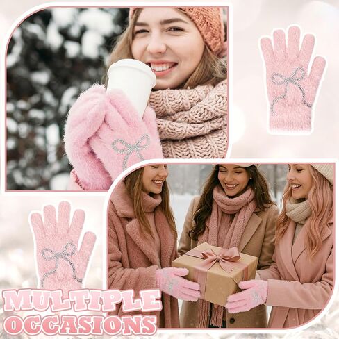 Faux Mink Gloves for Women Pink Winter Warm Bow Fuzzy Fluffy Full Finger Gloves Rhinestone Mittens in Saudi Arabia