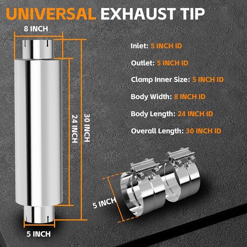 A-KARCK 5" Inlet&Outlet Diesel Exhaust Muffler,8" x 24" Body, 30" Overall Length, Stainless Steel Resonator Muffler with Clamp, Straight Through Design（Polished） in Kuwait