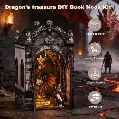 Soothee DIY Book Nook Kit, Miniature House with LED Lights | 3D Wooden Puzzles for Adults & Teens | Creative Fantasy Model Building Kit for Bookshelf Decor, Gift for Craft Lovers | Dragon Castle in Saudi Arabia