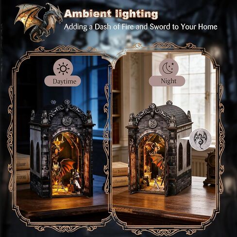 Soothee DIY Book Nook Kit, Miniature House with LED Lights | 3D Wooden Puzzles for Adults & Teens | Creative Fantasy Model Building Kit for Bookshelf Decor, Gift for Craft Lovers | Dragon Castle in Saudi Arabia